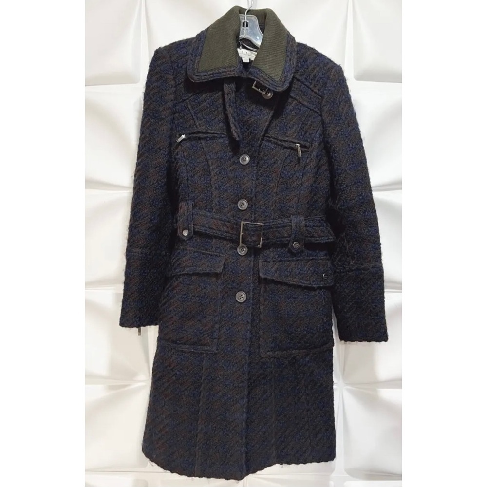 Laundry by Shelli Segal Womens Sz 6 Long Blue Tweed Houndstooth Wool Belted Coat